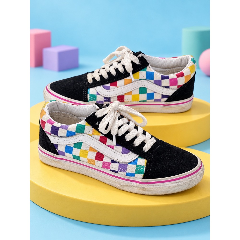 Vans Old Skool Rainbow Checkerboard Skate Shoes Multi-Color Kids Size 1.0